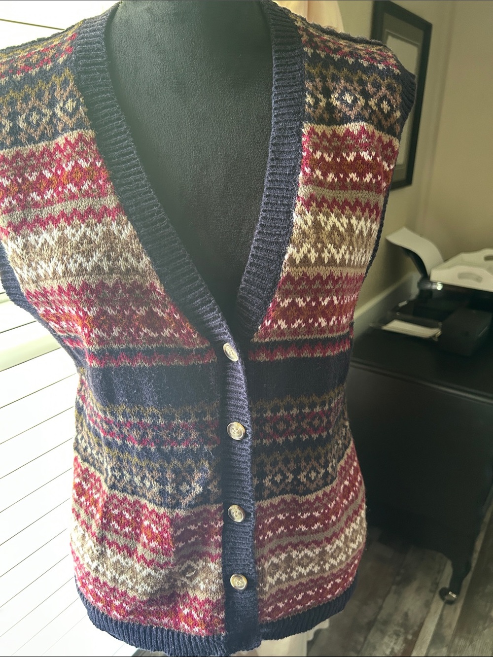 Navy Multicolor Fair Isle Knit Button-Front Sweater Vest